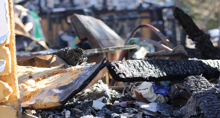 Charred building materials from a house fire