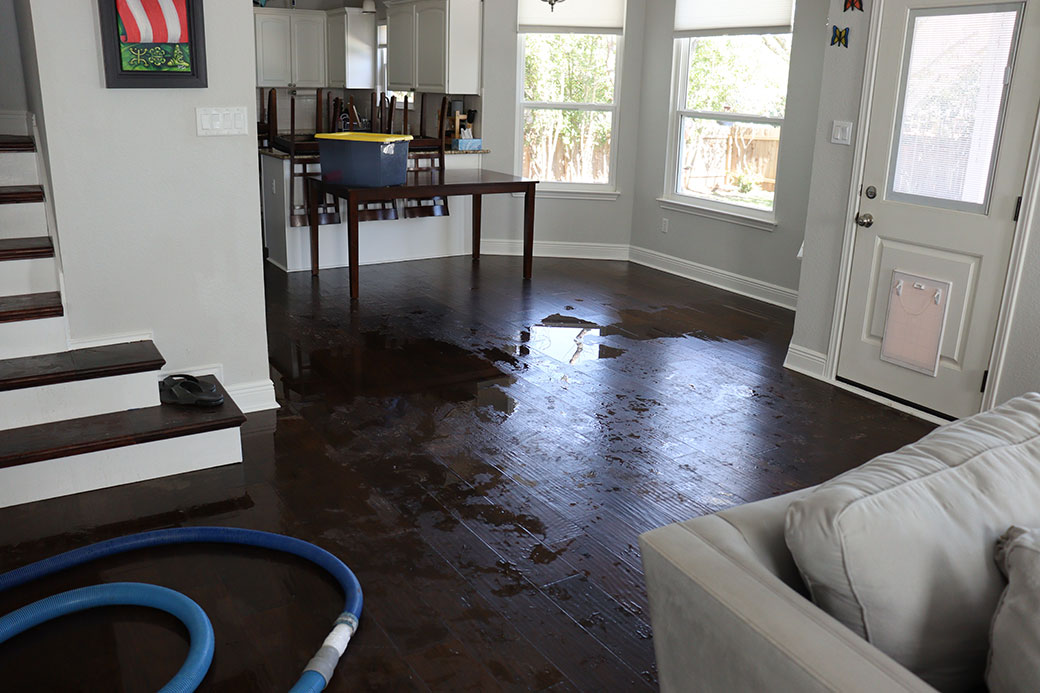 Water on hardwood floor in a house