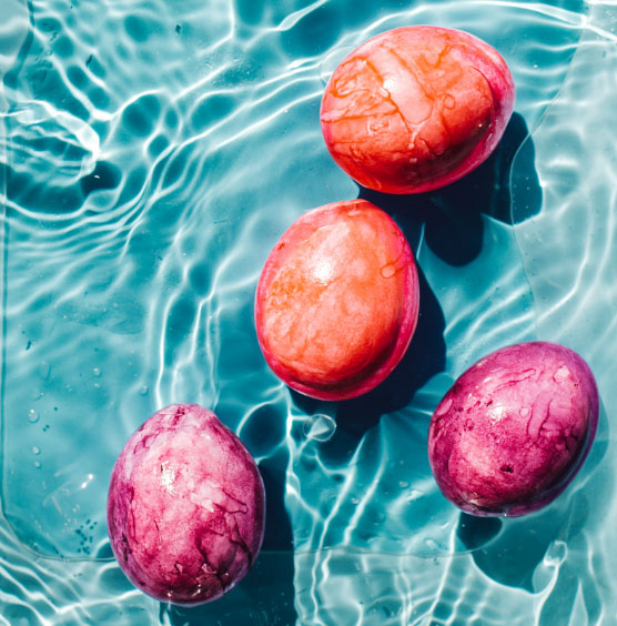 Orange and pink eggs in water