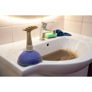 Bathroom sink backed up with sewage and plunger on sink