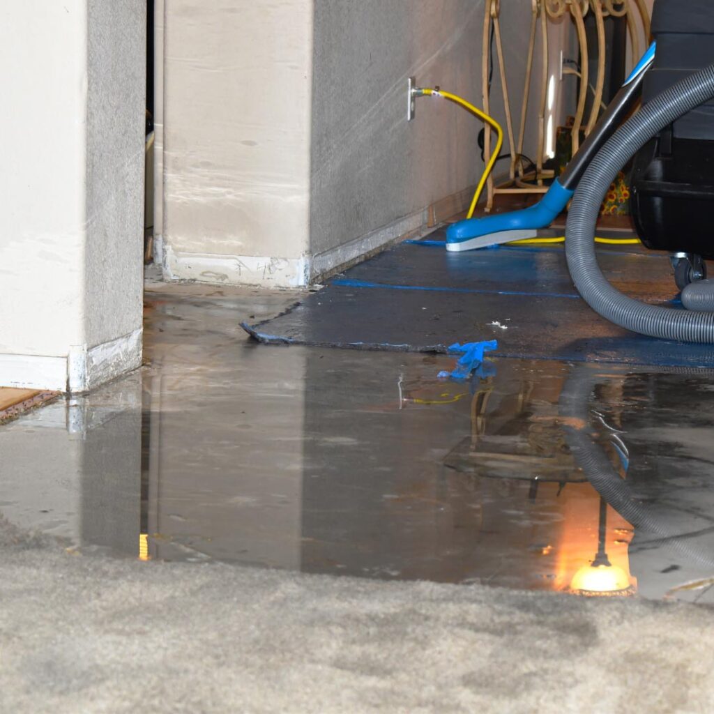 Room in home flooded by water heater being cleaned up with shop vacuum