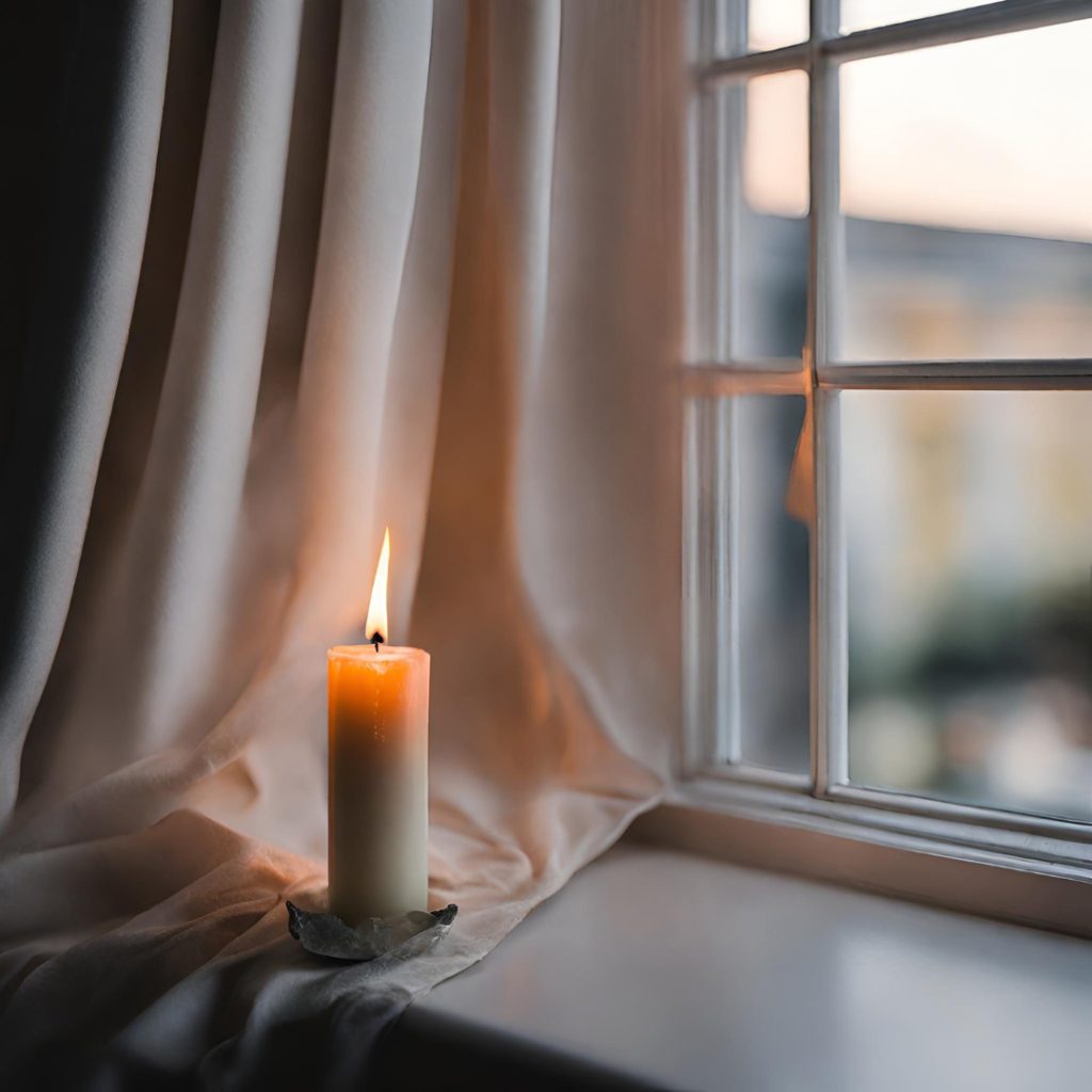 Candle Fires on a windowsill with curtains