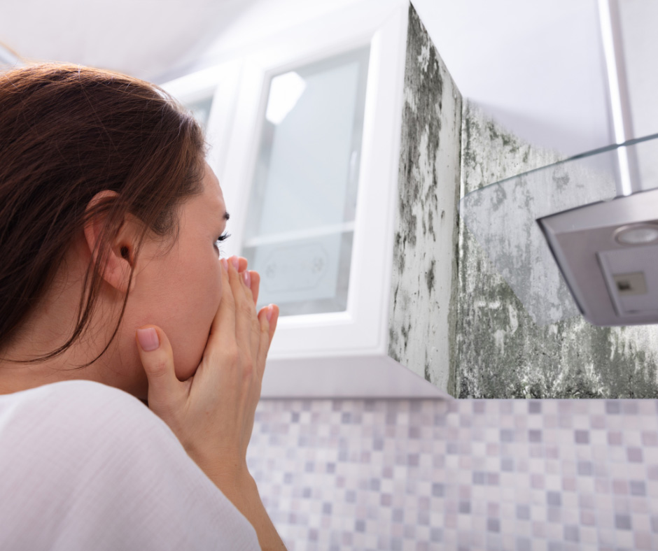 Woman gasping at mold on the wall pf her rental