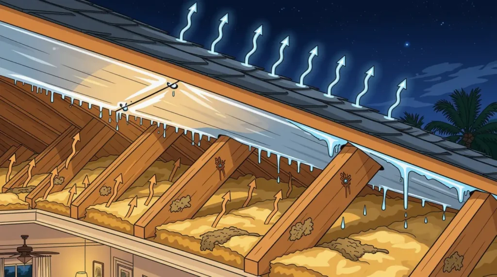 Illustration of humid air condensing on a cool radiant barrier beneath a roof, with droplets dripping onto attic insulation.