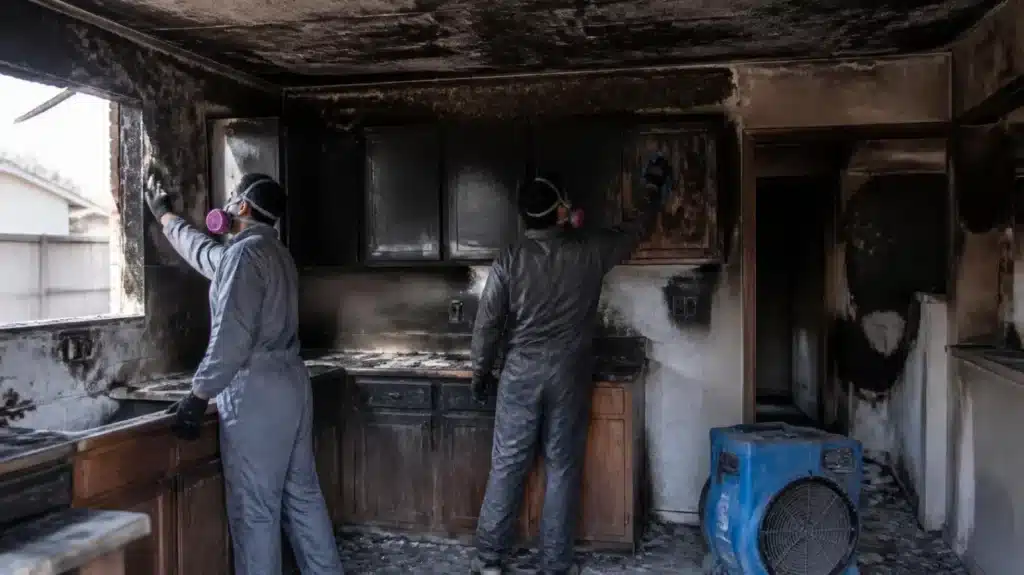 Technicians cleaning soot from a fire-damaged kitchen