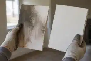 Gloved hands hold a stained drywall sample beside a clean white sample.