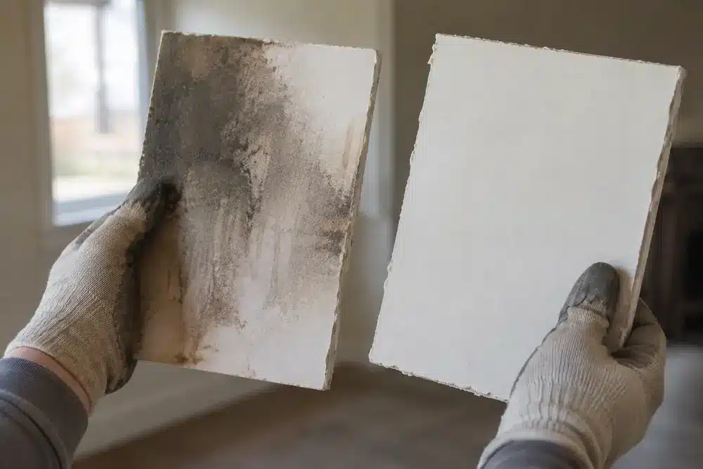 Gloved hands hold a stained drywall sample beside a clean white sample.
