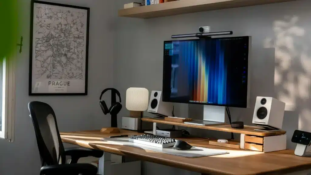Home office desk with computer, speakers and wall shelves