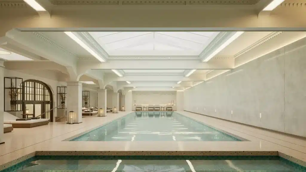 Indoor natatorium swimming pool with skylight ceiling