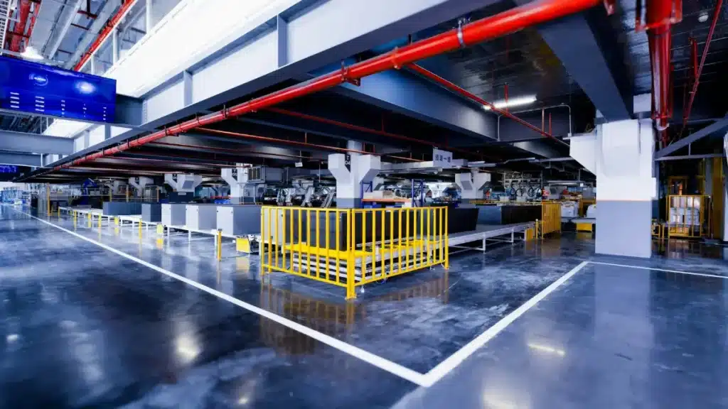 Manufacturing plant floor with safety railings and overhead piping