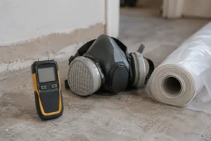 A moisture meter, respirator, and plastic sheeting roll rest on a bare floor.