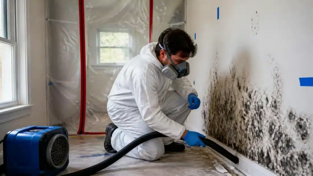 Mold remediation technician in protective suit HEPA-vacuuming black mold inside containment