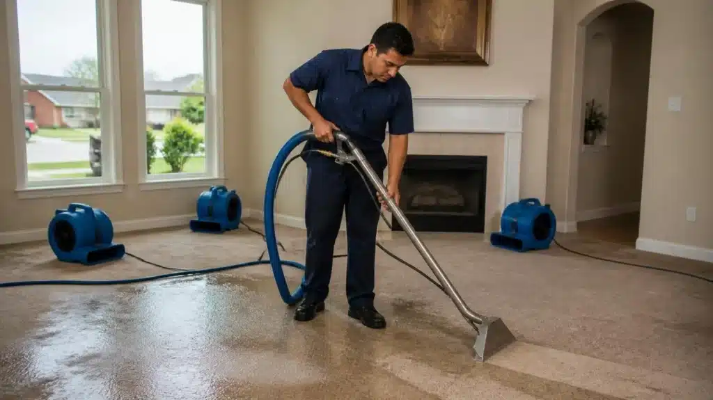 Technician extracting water from a soaked carpet with air movers drying the room