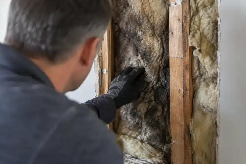 Technician in black gloves examines darkened fiberglass insulation inside an exposed wall cavity.